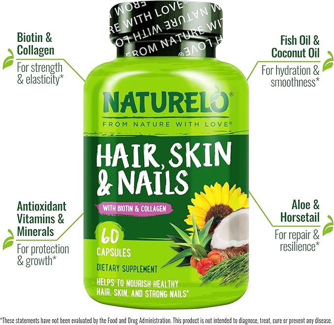NATURELO Hair, Skin and Nails Multivitamin - 5000 mcg Biotin, Collagen, Natural Vitamin E - Supplement for Healthy Skin, Hair Growth for Women and Men – 60 Capsules