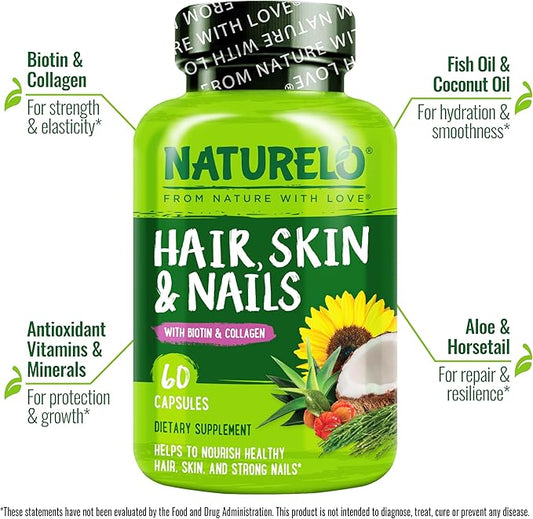 NATURELO Hair, Skin and Nails Multivitamin - 5000 mcg Biotin, Collagen, Natural Vitamin E - Supplement for Healthy Skin, Hair Growth for Women and Men – 60 Capsules