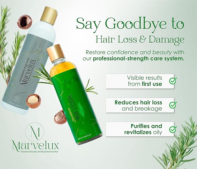 MARVELUX Hair Care Kit with Rosemary Shampoo & Kauterizing Mask – Complete Hair Strengthening System – Deep Repair Treatment for Damaged Hair – Sulfate-Free Professional Growth (250 ml, Rosemary)
