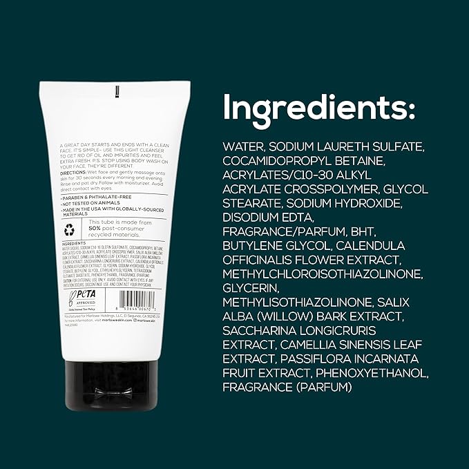 MARLOWE. No. 121 Facial Cleanser 6 oz, Daily Mens Face Wash with Natural Extracts & Antioxidants, Soothes, Purifies, Refreshes, Thick Lather, Fresh Woodsy Scent