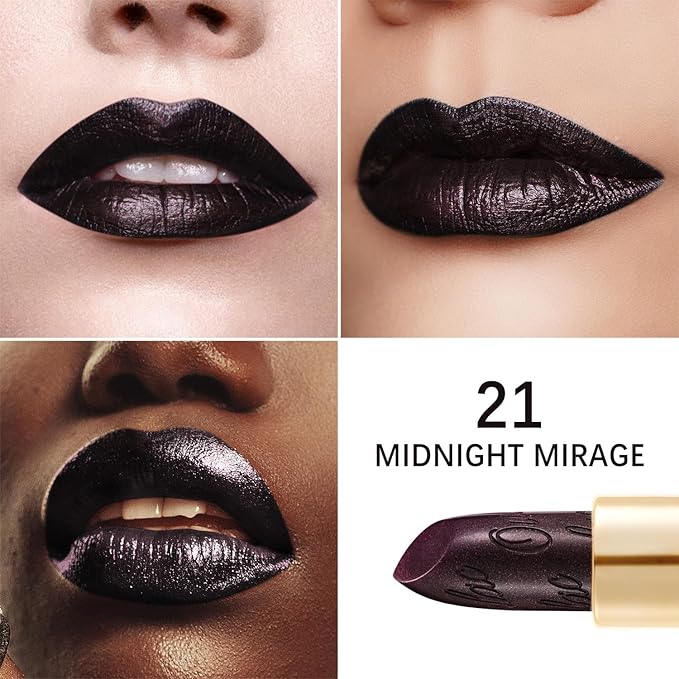 Oulac Halloween Lipstick for Women Black with Raspberry Shimmer, High-Impact Lipcolor with Moisturizing Creamy Formula, Vegan & Cruelty-Free, Midnight Mirage (21)