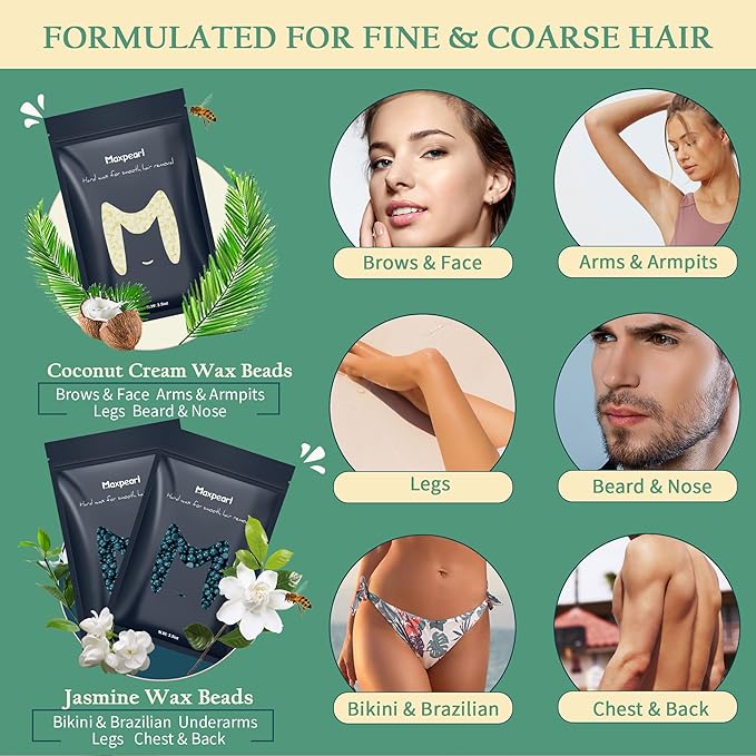 Maxpearl Hard Wax Beads, Pack of 3 Hair Removal Wax Beans Refill - Brazilian, Bikini Waxing, Face, Eyebrows, Underarms, Arms, Chest, Back, Legs - Coconut & Jasmine Formula, 300g