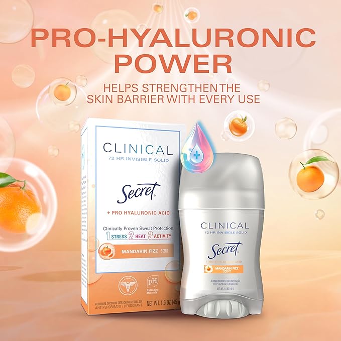 Secret Clinical Strength Antiperspirant Deodorant for Women, 3X Stress Protection, 72hr Sweat & Odor Protection, Pro-Hyaluronic Acid, Invisible Solid, Mandarin Summer Fizz Scent, 1.6 oz