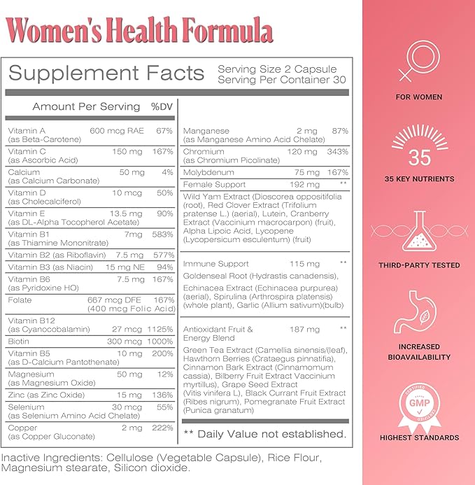 Women's Multivitamin & Mineral Complex with Plant-Based Extracts - Hair Skin and Nails Vitamins - Foundational Multivitamin for Women - 30 Day Supply