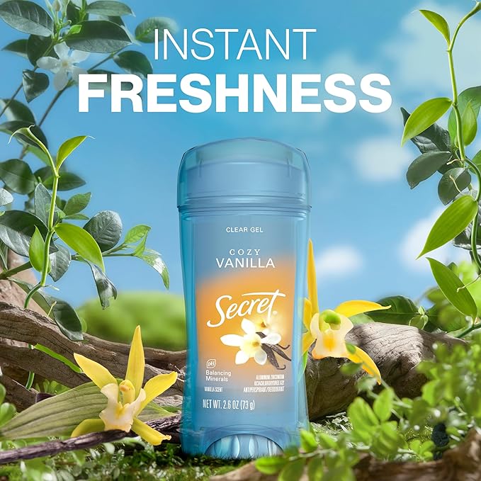 Secret Fresh Antiperspirant Deodorant for Women, 72hr Breathable Sweat & Odor Protection, Instant Freshness & Gentle, PH Balancing Minerals, Clear Gel, Cozy Vanilla Scent, 2.6 oz