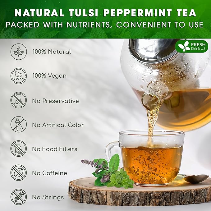 FreshDrinkUS, Premium Tulsi Peppermint Herbal Tea – 135 Tea Bags, 100% Natural, Blend of Tulsi Holy Basil Leaves, and Peppermint Leaves. Made with Natural Material Tea Bags. No Sugar, Vegan.