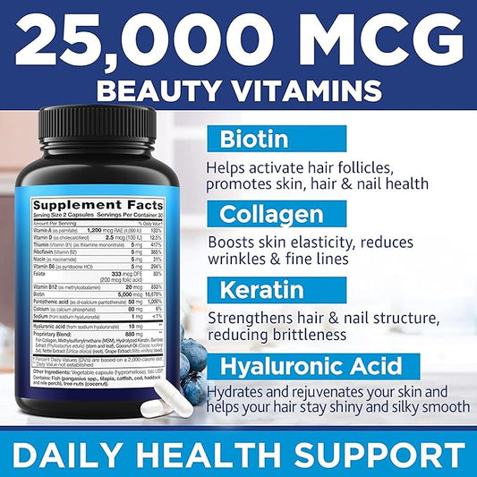 Biotin Keratin & Collagen Capsules - Made in USA - Natural Collagen, Keratin & Biotin for Hair Growth - Biotin & Collagen Vitamins with Multi Collagen Peptides for Hair Loss, Skin & Nails - 60 Caps