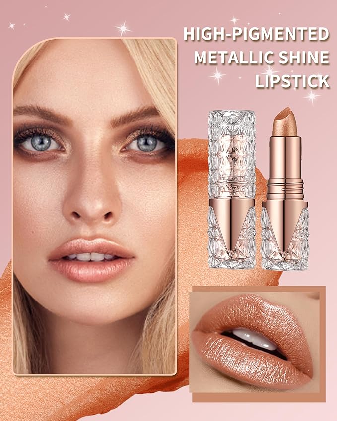 Glitter Metallic Shimmer Brown Lipstick Long Lasting,Diamond High Pigmented Nude Red Metallic Matte Liquid Lipstick Non-Stick Lip Gloss,Transferproof Lip Color Lip Stick Makeup for Women-05