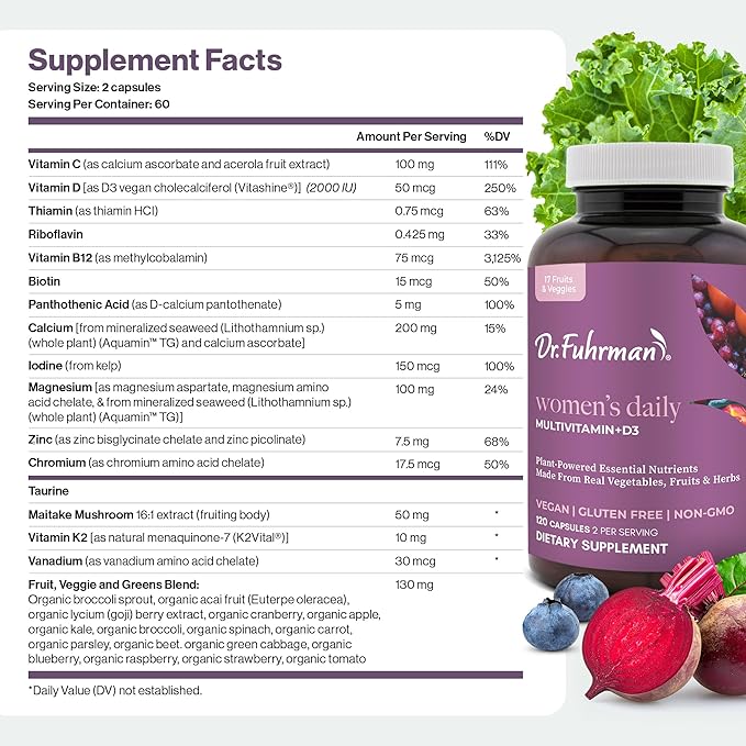 Dr. Fuhrman 2 Month Supply Multivitamin for Women + D3 Vitamin for Immune Support | Vegan Formula Womens Multivitamin with B12 & Zinc | Whole Food multivitamin with 17 Fruits & Veggies | Non GMO