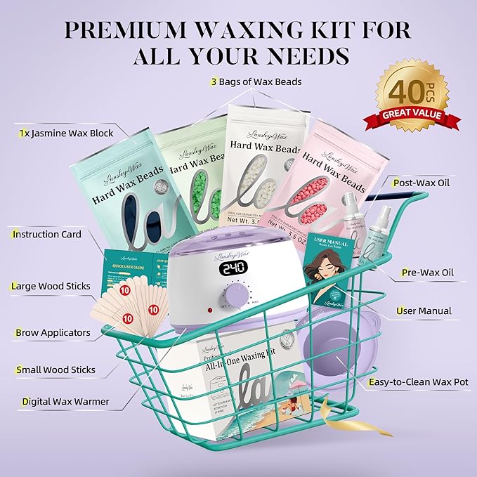 LANSLEYWAX Digital Waxing Kit for Women Men - Purple Waxing Machine with 39 Accessories - Hard Wax Kit for Arms Legs Brazilian Bikini Facial Sensitive Skin, Wax Warmer Hair Removal for Home/Salon Use