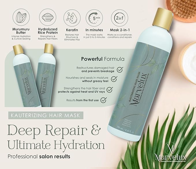 MARVELUX Hair Care Kit with Rosemary Shampoo & Kauterizing Mask – Complete Hair Strengthening System – Deep Repair Treatment for Damaged Hair – Sulfate-Free Professional Growth (250 ml, Rosemary)