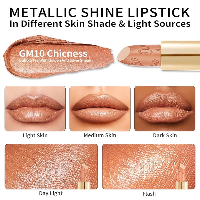 Oulac Nude Matte Lipstick with Glow Metallic Finish - Vegan Lipstick for Women, Creamy Texture, Hydrating Clean Beauty Formula, High-End Magnetic Hook Design, GM10 Chicness