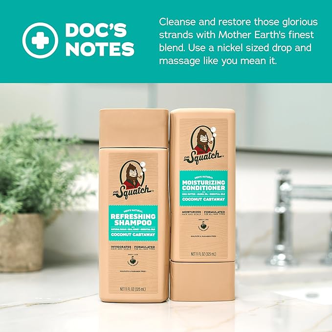 Dr. Squatch Natural Hair Bundle for Men - Healthy, Full Looking Hair - Coconut Castaway Shampoo (8 fl oz), Coconut Castaway Conditioner (11.5 fl oz)