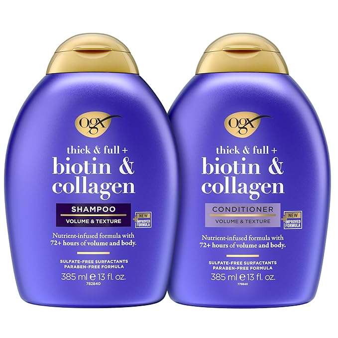 OGX Thick & Full + Biotin and Collagen for Hair Volume & Body, Sulfate Free Volumizing Shampoo & Conditioner Set for Fine & Thinning Hair, Nutrient-Infused, Vitamin B7, 13 fl oz, 2 Pack