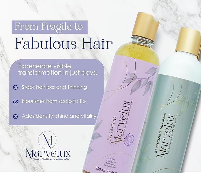 MARVELUX hair care kit with onion shampoo and cauterizing mask: complete system to strengthen hair, deep repair treatment for damaged hair, sulfate-free, growth and shine (250 ml, onion).