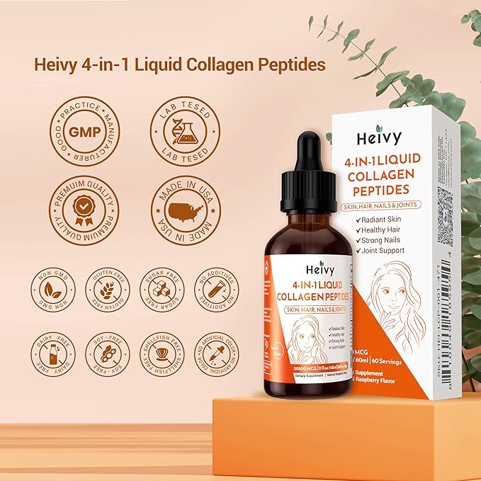 Liquid Collagen for Women, Liquid Biotin & Collagen for Radiant Skin, Hair Growth, Strong Nails, Joint Support, 20500 mcg 4-in-1 Collagen Drops, Advanced Absorption, Raspberry Flavor- 2 FL OZ