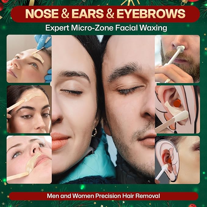 Nose Wax Kit for Eyebrow and Ear Hair | 100gWax, 50 Face Waxing Sticks | USB-C(5V/2A) Wax Warmer | Hair Removal Kit for Men & Women | 15 Pre/Post Wipes, Ear and Mustache Guards & Earplug