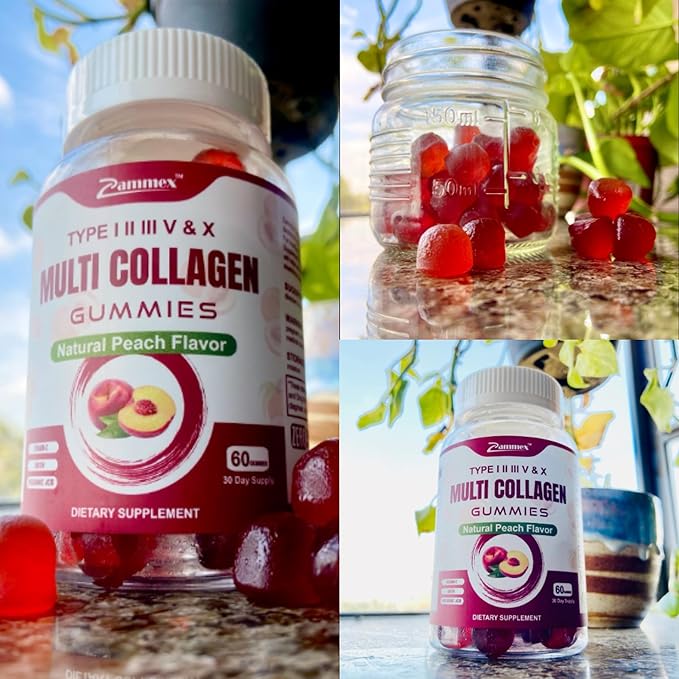 Zammex Multi Collagen Peptides Gummies (Type 1, 2, 3, 5 & 10), 30 Servings, Anti-Aging Collagen Gummy Supplements for Women&Men with Biotin Vitamin C, Hyaluronic Acid, Peach Flavor