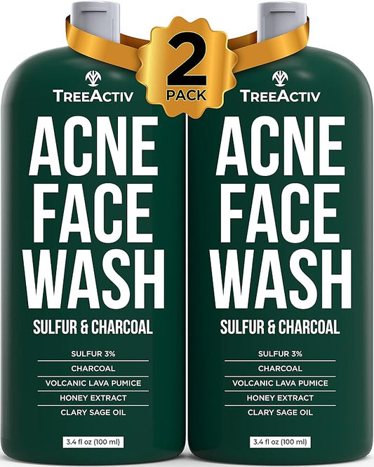 TreeActiv Acne Charcoal Face Wash, 3.4oz, Daily Face Wash with Sulfur and Honey, Charcoal Face Cleanser, Mens Face Wash for Acne, Deep Cleansing Charcoal Face Wash for Women and Men, 400+ Uses, 2-Pack