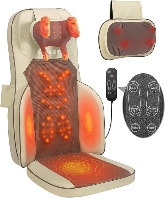 Shiatsu Neck Back Massager Chair Pad w/Heat - Full-Back Kneading, Rolling - Adjustable Neck Height & Intensity - Relieve Fatigue and Relax Muscle Tissue
