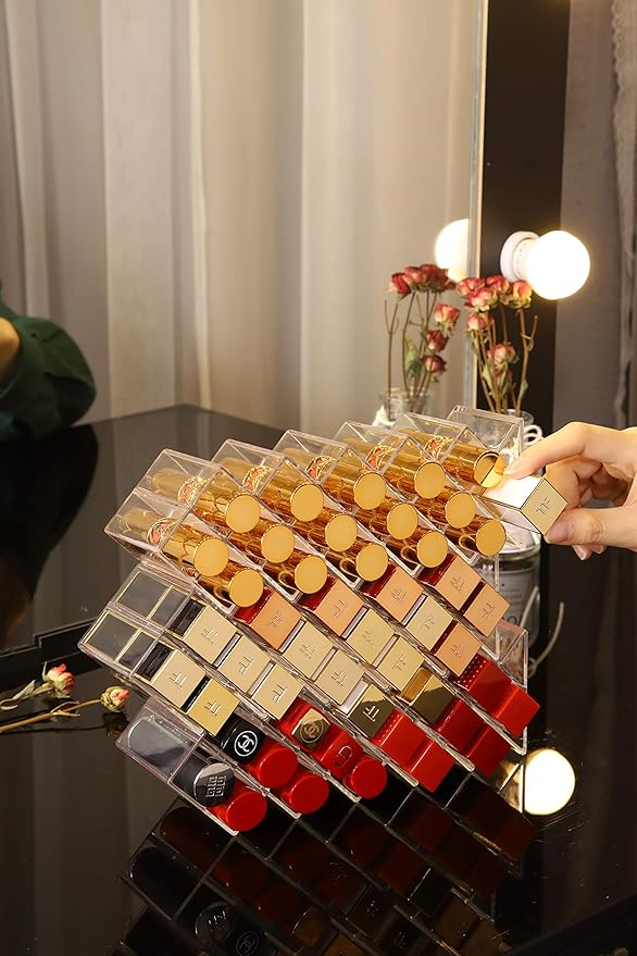 Lipstick Holder Organizer 48 Spaces Acrylic Stackable Fish Shape Lipstick Tower, Lip Gloss Storage Stand, Perfect for Lipgloss Organizers Makeup Vanity Display, Clear (3 Pack)