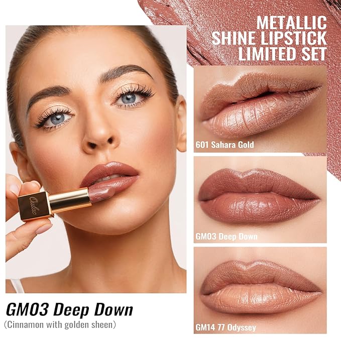 Oulac Metallic Nude Lipstick Set 3PCS, Comfortable Creamy Texture, Smooth No Grainy Feeling, Vegan & Gluten Free, Full-Coverage Lip Makeup, 3 X 4.3 g, 601+GM03+GM14