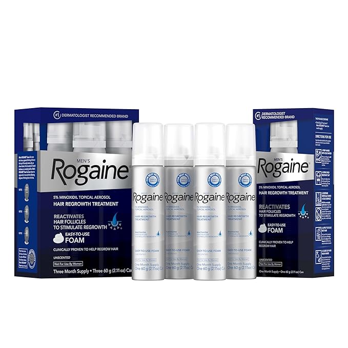 Rogaine Men’s 5% Minoxidil Foam Hair Regrowth Treatment, FDA Approved Brand, Proven to Improve Hair Regrowth, Extra Strength Minoxidil Foam, Unscented Aerosol, 4 Month Supply (4 x 2.11 oz Cans)