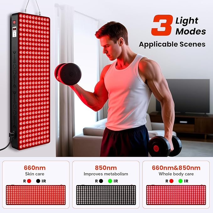 Red Light Therapy for Body, 660nm 850nm Near Infrared Light Therapy Panel, 300 Dual Chip LED Device with 1500W of Power, Ideal for Body, Face, Improve Sleep, Skin Health, Includes Hanging Kit & Handle