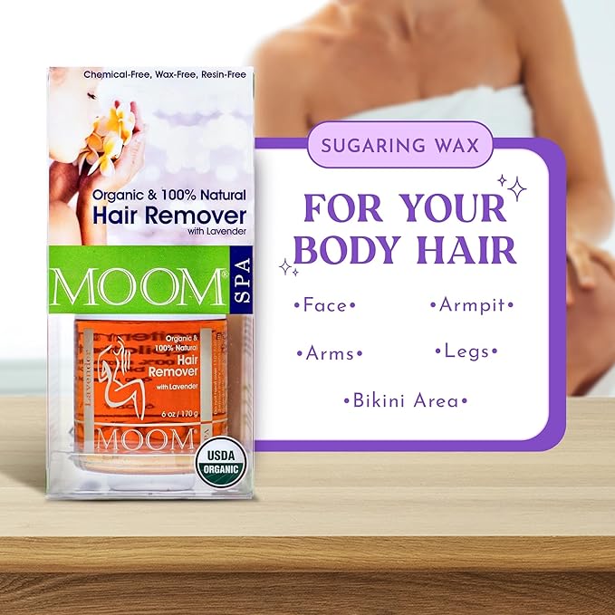MOOM - Glaze Waxing Kit with Lavender, 6 oz Jar Sugar Wax Kit with 18 Reusable Fabric Strips, Alternative to Wax Strips & Laser Hair Removal for Women/Men, For Whole Body, Bikini & Face