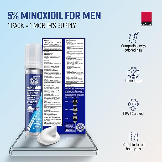 Taro Minoxidil Topical Aerosol Foam, 5%, Hair Regrowth 3 Months Treatment for Men, 2.11 oz (3 Pack)