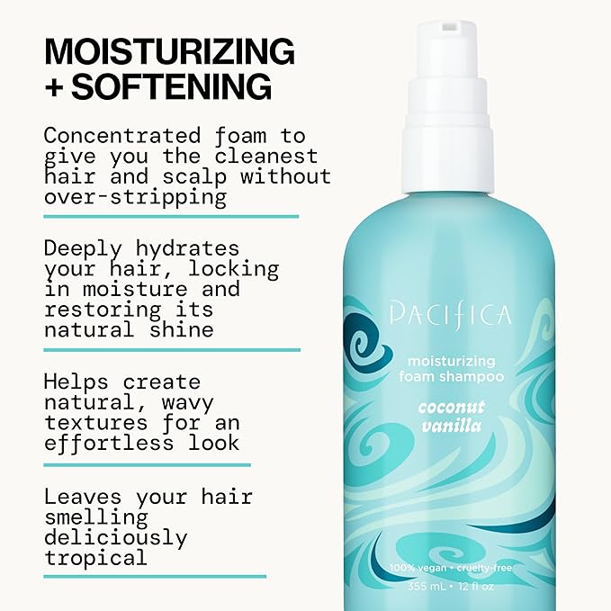 Pacifica Coconut Vanilla Moisturizing Foam Shampoo – Hydrating Foaming Shampoo for Dry, Dull or Damaged Hair, Lightweight Lather, Sulfate-Free Clean Beauty Vegan & Cruelty-Free Dermatologist Tested