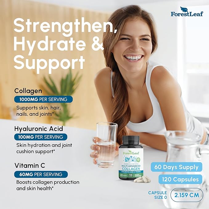 ForestLeaf Multi Collagen Pills with Hyaluronic Acid + Vitamin C | Hydrolyzed Collagen Supplements for Women or Men | Multi Collagen Capsules Peptides for Skin, Wrinkles, 120 Caps
