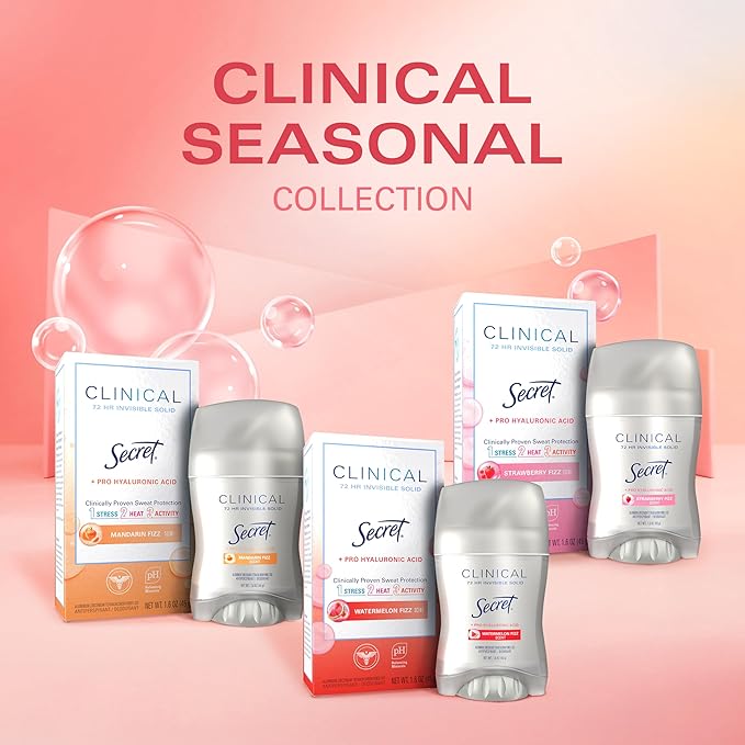 Secret Clinical Strength Antiperspirant Deodorant for Women, 3X Stress Protection, 72hr Sweat & Odor Protection, Pro-Hyaluronic Acid, Invisible Solid, Watermelon Summer Fizz Scent, 1.6 oz