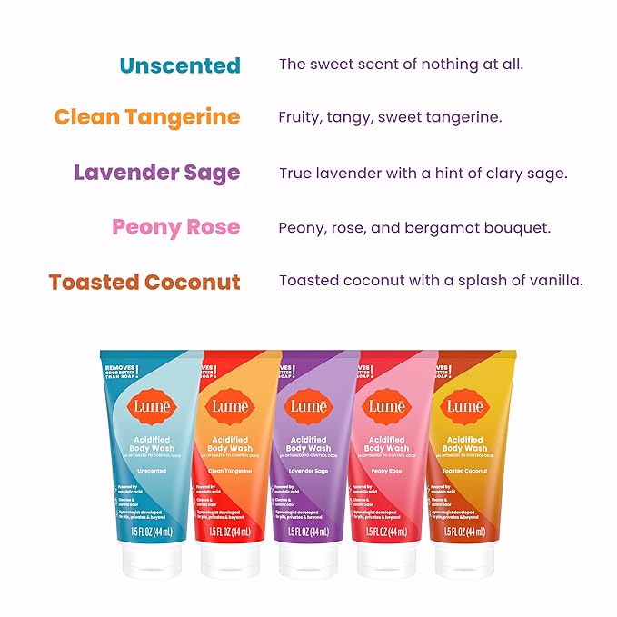 Lume Acidified Body Wash 5 Pack Minis - 24 Hour Odor Control - Moisturizing Formulated Without SLS & Parabens - 1.5 ounce Tubes (Clean Tangerine, Lavender Sage, Peony Rose, Toasted Coconut, Unscented)