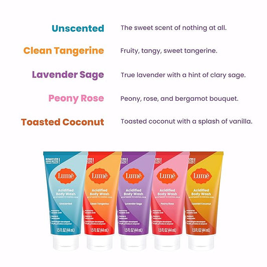 Lume Acidified Body Wash 5 Pack Minis - 24 Hour Odor Control - Moisturizing Formulated Without SLS & Parabens - 1.5 ounce Tubes (Clean Tangerine, Lavender Sage, Peony Rose, Toasted Coconut, Unscented)