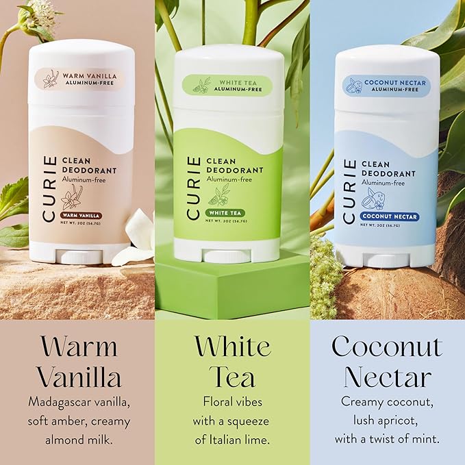 Curie Natural Deodorant for Women Fresh Faves Stick Trio - Coconut Nectar, White Tea and Warm Vanilla - Aluminum Free, Clean, Sustainable, Vegan, Paraben Free (3pk)
