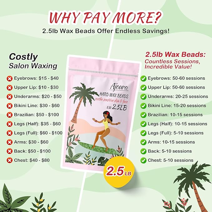 Ajoura 2.5LB Aloe Hard Wax Beads, Premium Wax for Sensitive Skin Hair Removal, Perfect for Full Body, Bikini, Face, Eyebrow, Back, Chest, Legs, Armpit, Big Pack Refill for Home & Salon Waxing (Green)