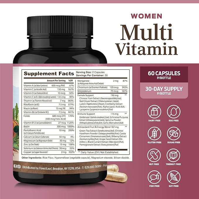ForestLeaf Daily Vitamin Multivitamin for Women, Multi-Vitamin for Women - Womens Multivitamins & Multiminerals Supplement | All Essential Vitamins Needed for Health & Energy | 60 Veg Caps