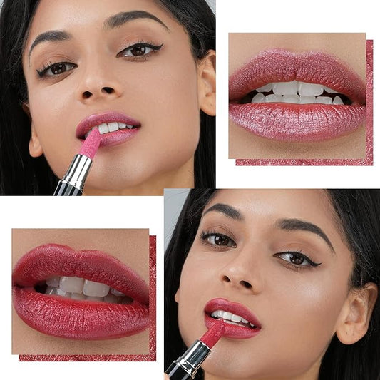 2pcs Metallic Glitter Pink and Red Lipstick High Impact Lipcolor,Moisturizing Creamy Formula,Lipstick For Women,Smooth and Non-Sticky,Full-Coverage Lip Color