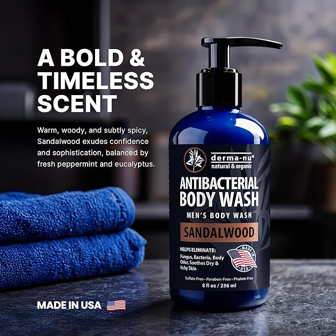 Derma-Nu Men's Body Wash – Bold & Woody Sandalwood Scent Antibacterial Body Wash for Jock Itch, Athlete’s Foot, Eczema & Back Acne – Antibacterial Soap for Men – Safe for All Skin Types – (8oz)