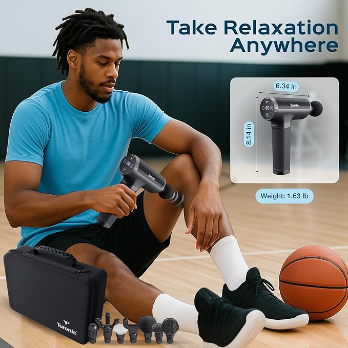 Turonic Professional Handheld Massage Gun - Deep Tissue Percussion Massager, 20 Speeds, 7 Heads, Quiet, Powerful, Portable, Cordless, Great for Athletes, Personal Use, Shoulder, Foot, Back Body, GM5
