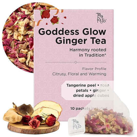 Tea Facto Goddess Glow* Ginger Tea Bags with Dried Ginger Roots, Tangerine Peels, Rose Petals, Dried Apples - Natural Fiber, Zero Added Sugar, Zero Caffeine - 10 Count