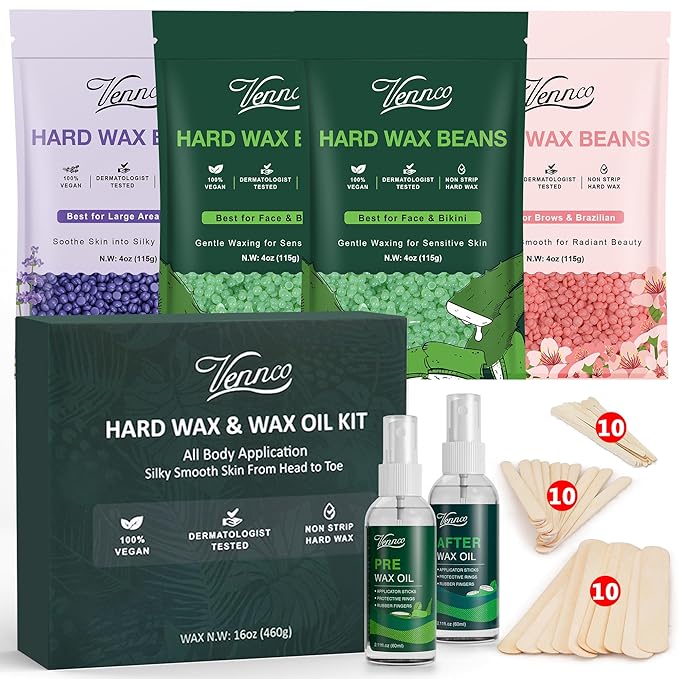 Hard Wax Beads Kit for Hair Removal, 36 Pieces Wax Beads for Full Body, Face, and Brazilian Bikini, Aloe, Lavender, Cherry Blossom - Includes Pre and Post Wax Oils