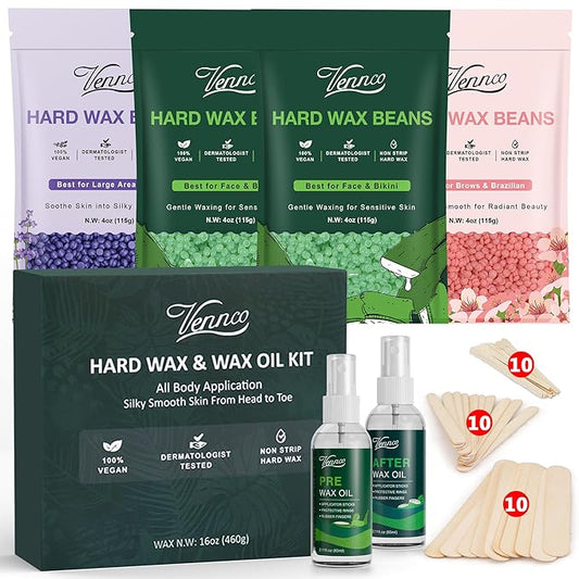 Hard Wax Beads Kit for Hair Removal, 36 Pieces Wax Beads for Full Body, Face, and Brazilian Bikini, Aloe, Lavender, Cherry Blossom - Includes Pre and Post Wax Oils