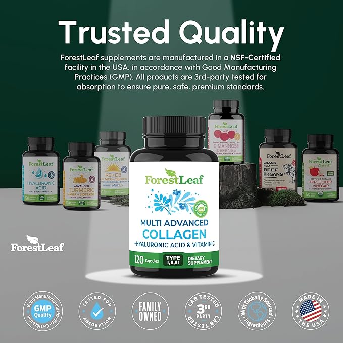 ForestLeaf Multi Collagen Pills with Hyaluronic Acid + Vitamin C | Hydrolyzed Collagen Supplements for Women or Men | Multi Collagen Capsules Peptides for Skin, Wrinkles, 240