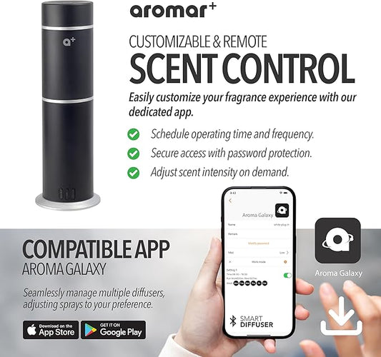 AROMAR Smart Waterless Oil Diffuser - Cold-Air Essential Scent Machine, App-Controlled, Covers 1000 Sq.Ft - Includes 'New York' Scent - Perfect for Home, Office, & Business use - Black