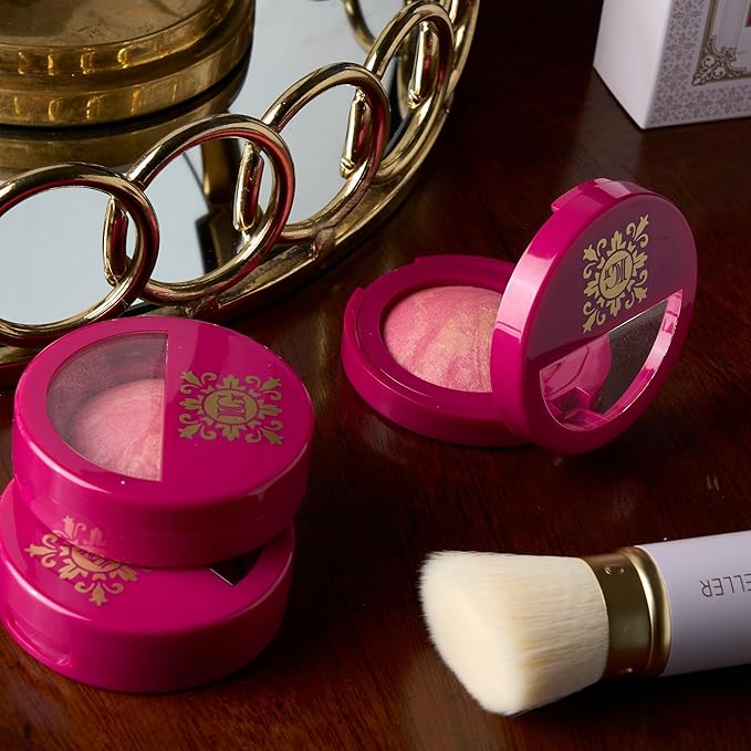 LAURA GELLER NEW YORK Holiday 2025 Limited Edition Baked Blush-n-Brighten Marbleized Blush - Skyline Sunset - Pink Color for Cheeks (02 Skyline Sunset + Kabuki Brush)