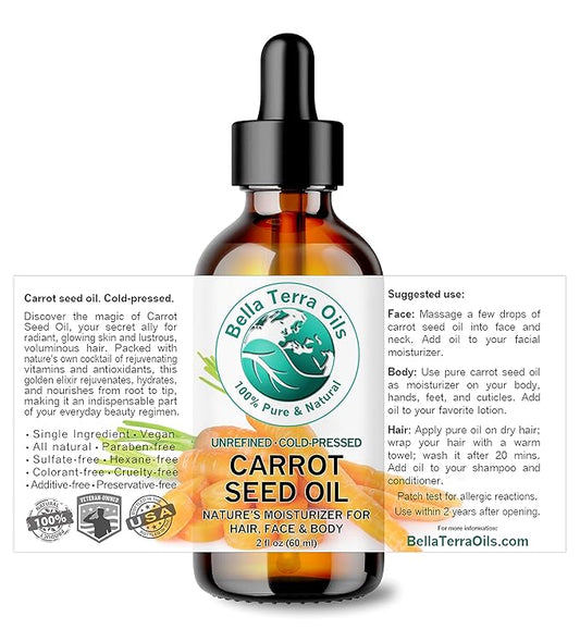 Bella Terra Oils - Organic Carrot Seed Oil 2 oz - Cold-Pressed Elixir, Abundant in Vitamin A & E, Beta-Carotene Richness, Ideal for Nourished Skin Radiance