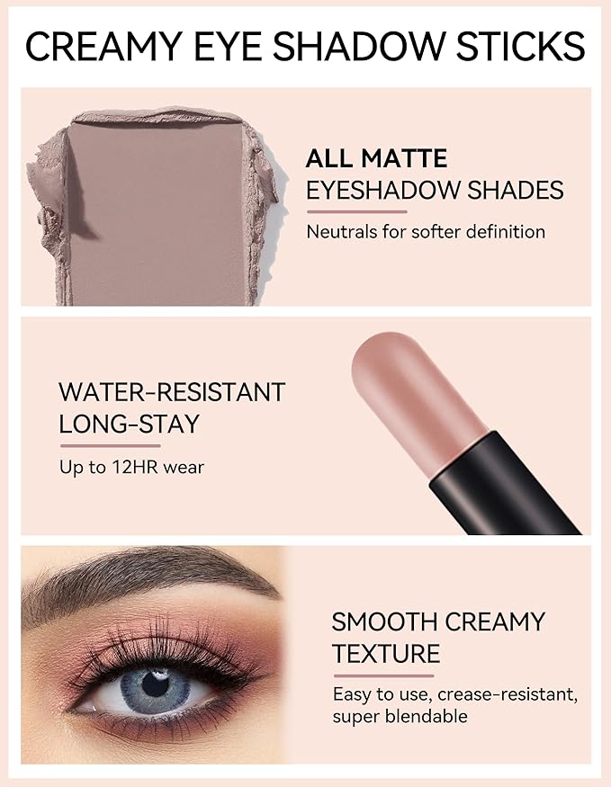Erinde Waterproof Cream Eyeshadow Stick, Matte Nude Eye Shadow Sticks, Longwear Blendable High Pigmented, Neutral Eye Shadow Sticks for Older Eyes, Smokey Eyeshadow Pencil Crayon, 15 Mocha Matte