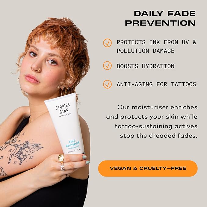 Stories & Ink Tattoo Care | DAILY MOISTURIZER for healed skin - with Advanced UV Ink Protection to Prevent Tattoo Fading, Protects & Hydrates Healed Tattoos, 200 mL / 6.8 Fl Oz